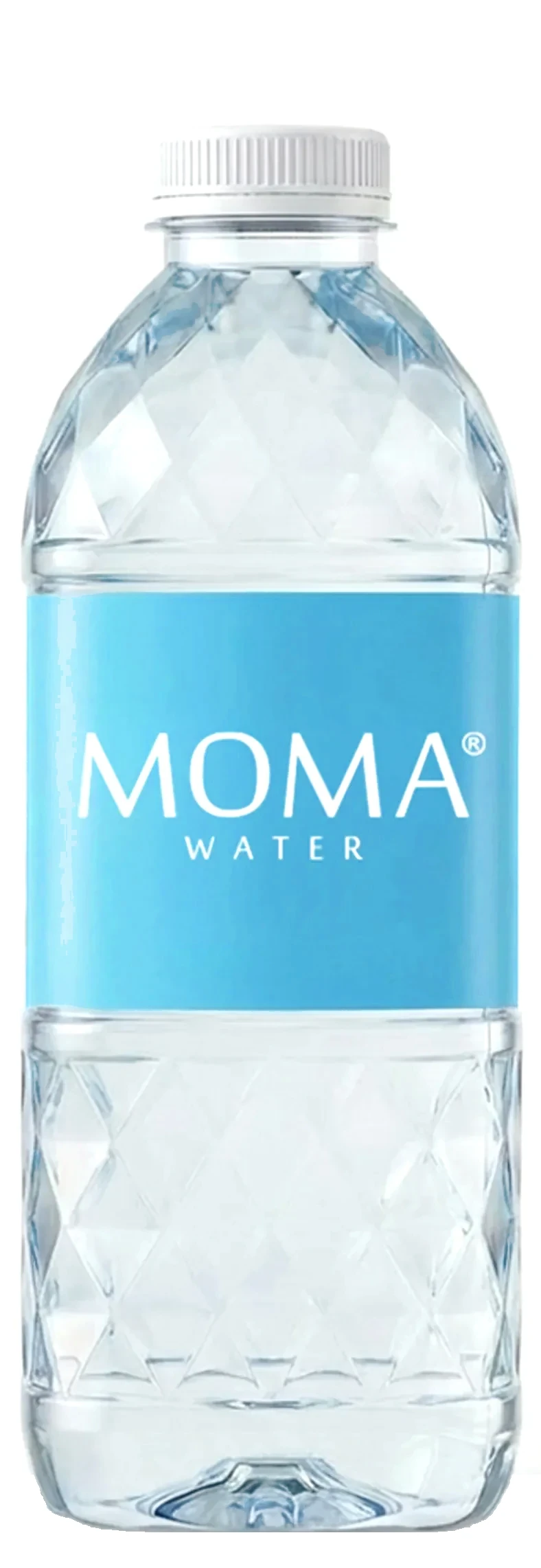 MOMAwater bottle, front face — the MOMA wordmark on a square diamond-faceted prism.