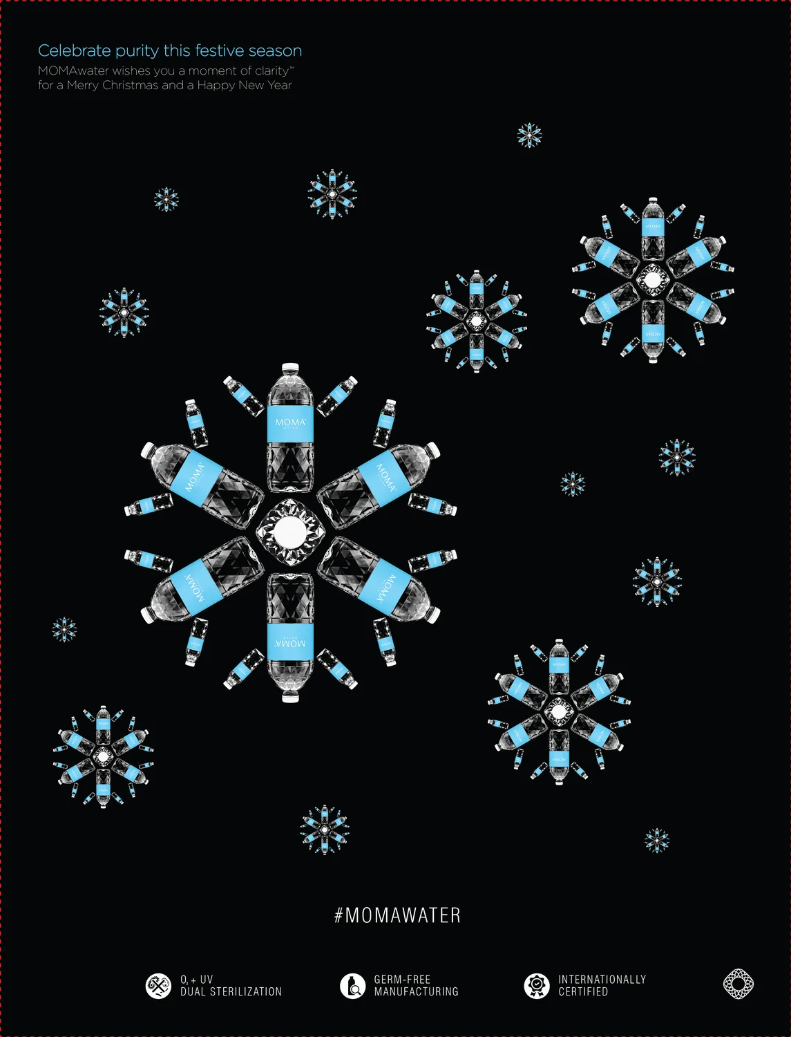 MOMA festive greeting — bottles arranged as snowflakes.
