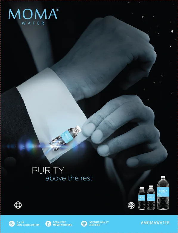 MOMA ad — Purity above the rest; the bottle as a cufflink.