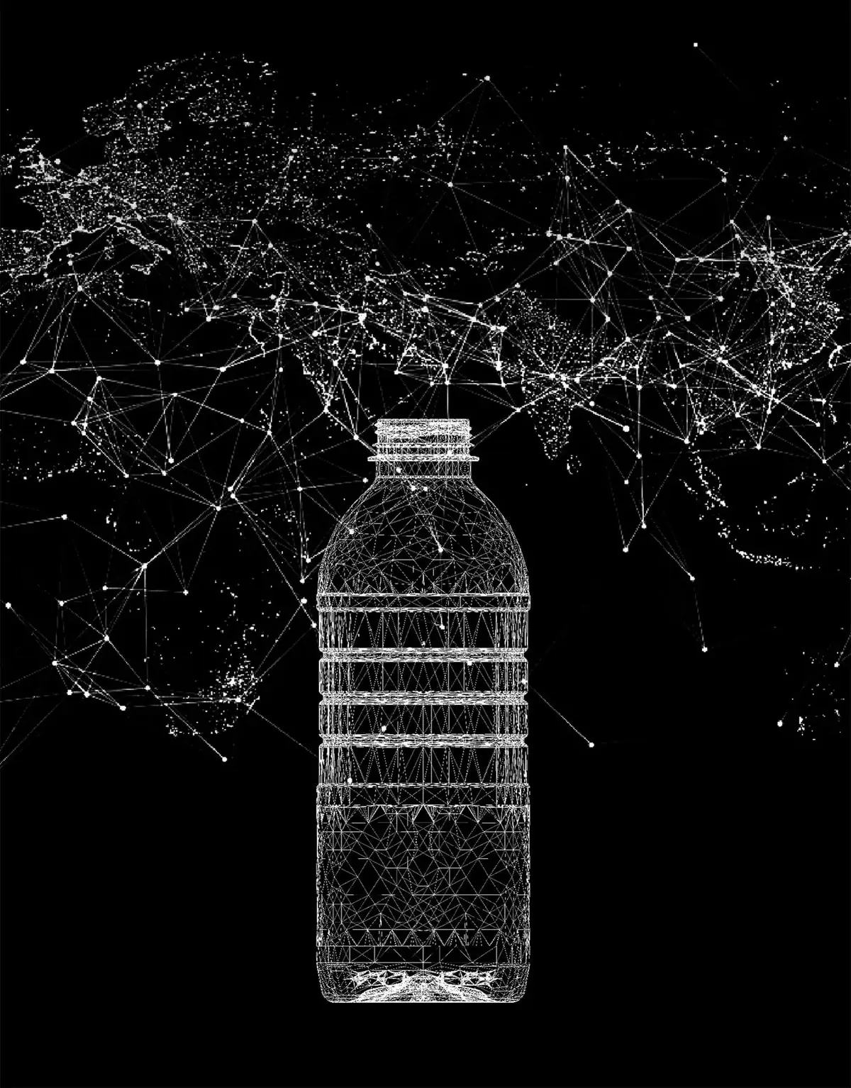 A MOMAwater bottle drawn as a wireframe over a constellation world map — internationally certified.
