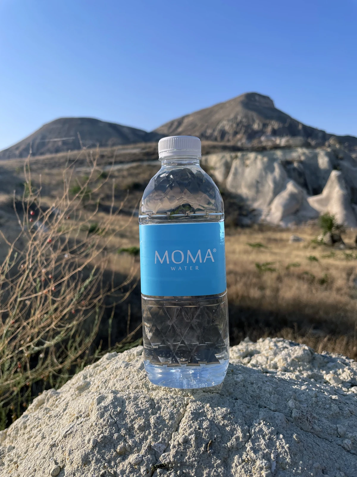 A MOMAwater bottle held up against the rock spires of Cappadocia.