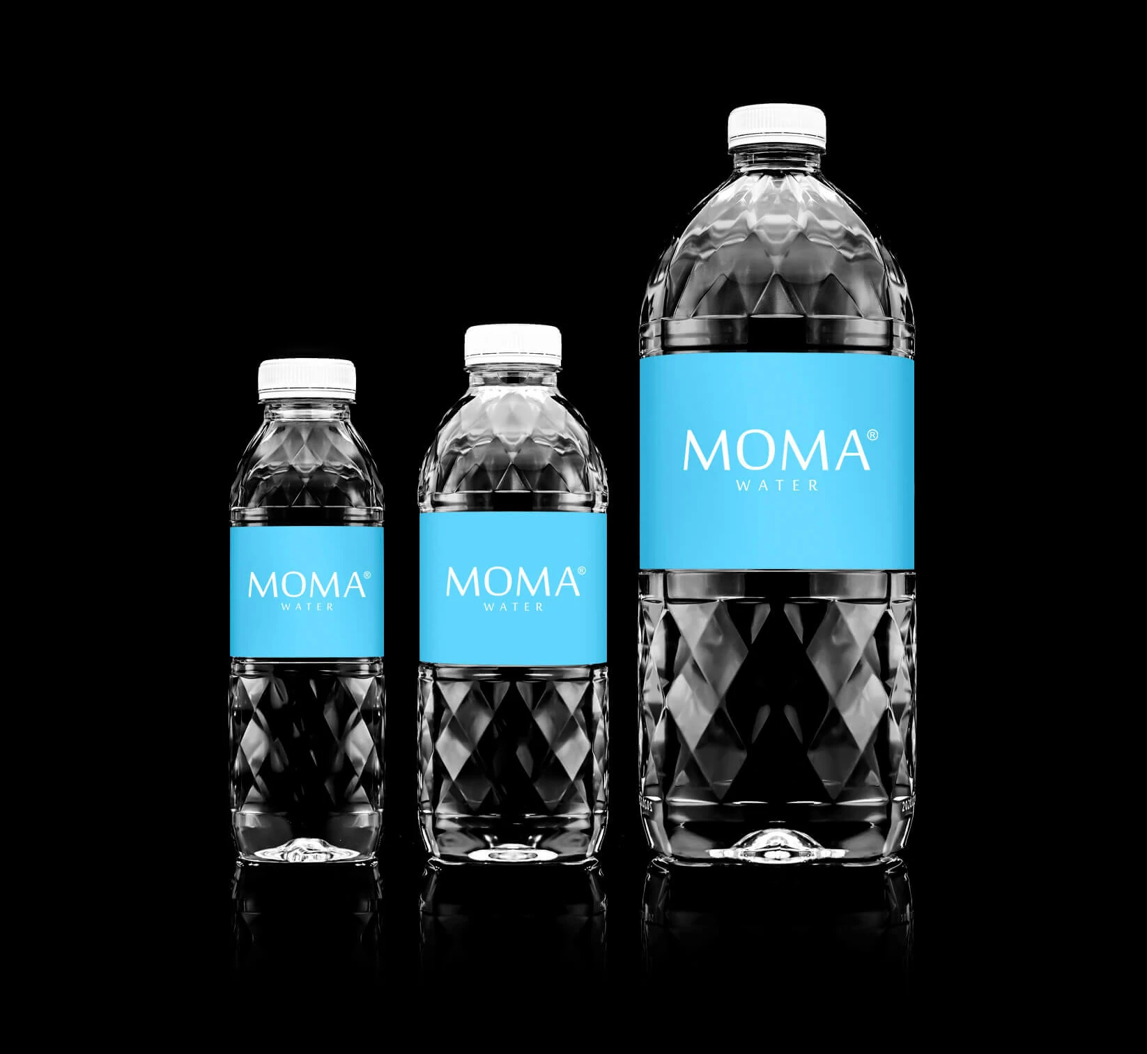 The MOMAwater range — 300mL, 500mL and 1500mL — with the blue label, on black.