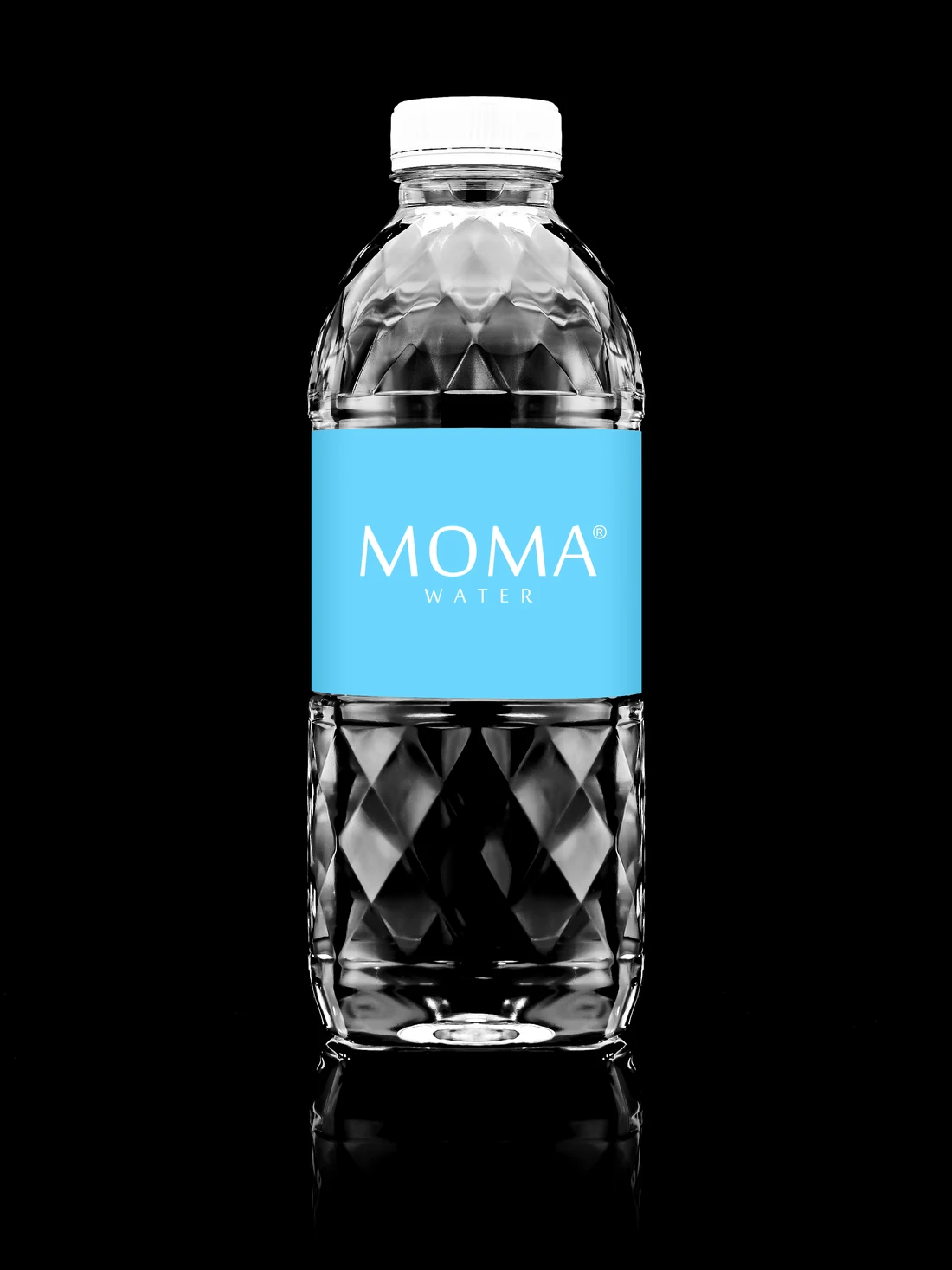 The MOMAwater 500mL bottle on black.